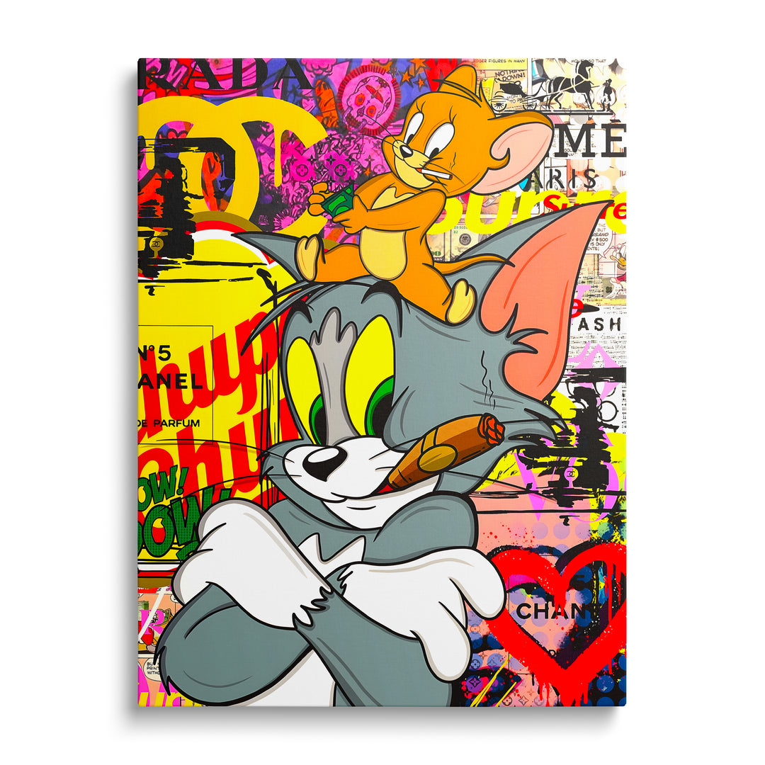 Luxusní pop art obraz na zeď s Tomem kouřícím cigaru a Jerrym s balíkem bankovek v barevném komiksovém stylu
