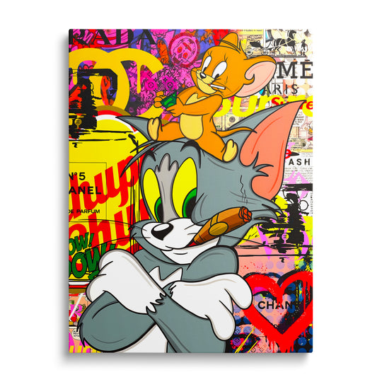 Luxusní pop art obraz na zeď s Tomem kouřícím cigaru a Jerrym s balíkem bankovek v barevném komiksovém stylu