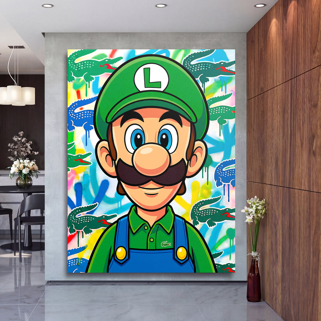 Pop art obraz na plátně s graffiti krokodýly a postavou v zeleném klobouku v moderním interiéru