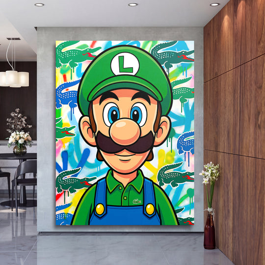 Pop art obraz na plátně s graffiti krokodýly a postavou v zeleném klobouku v moderním interiéru