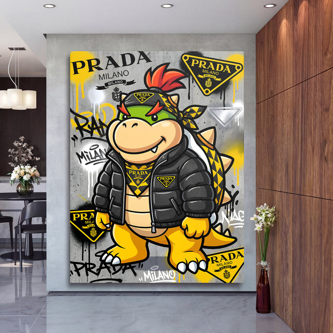 Motivační pop art obraz na zeď s graffiti dinosaurem v luxusním interiéru moderní kanceláře