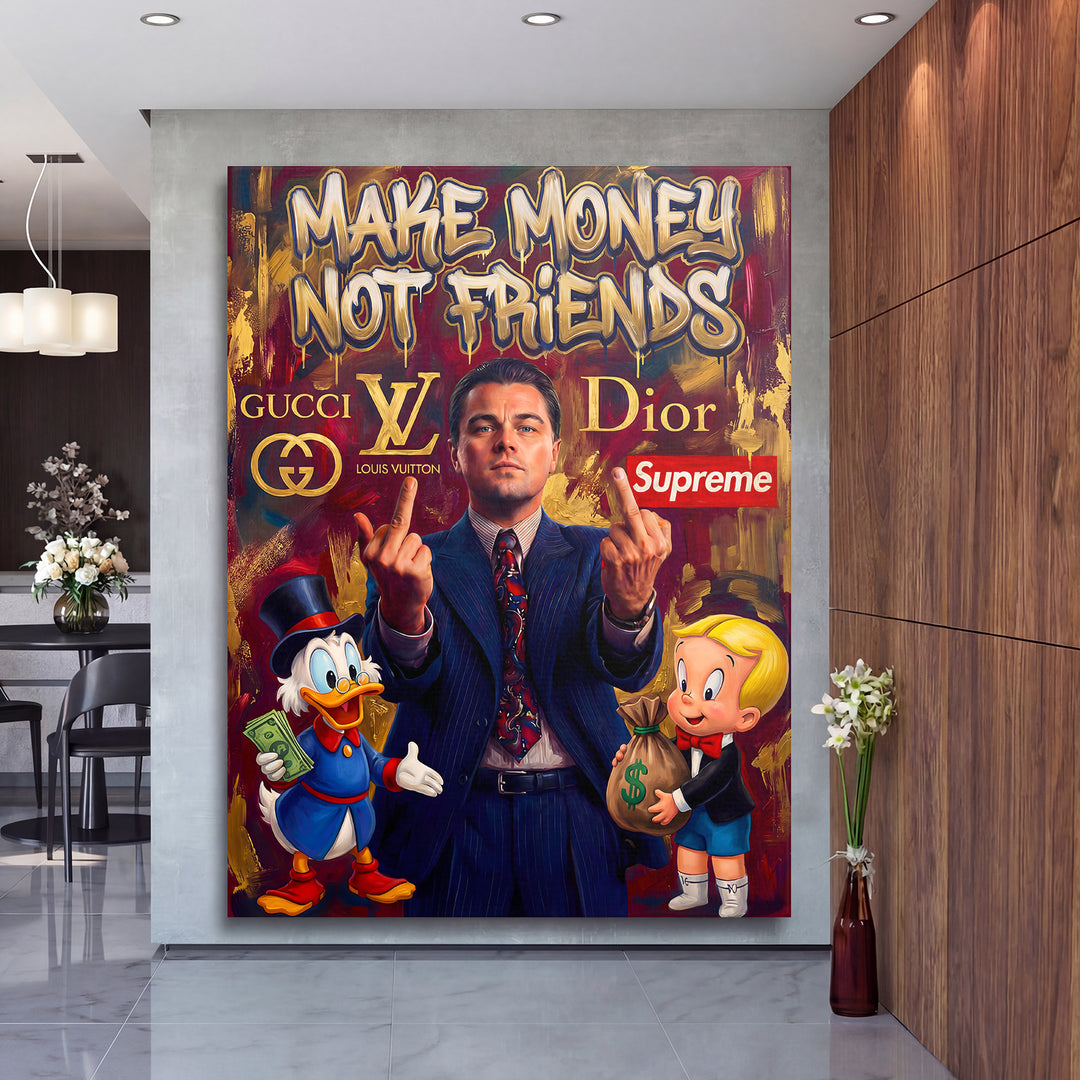 Motivační pop art obraz na zeď s graffiti „Make Money Not Friends“, Scrooge McDuck, Richie Rich a luxusními logy