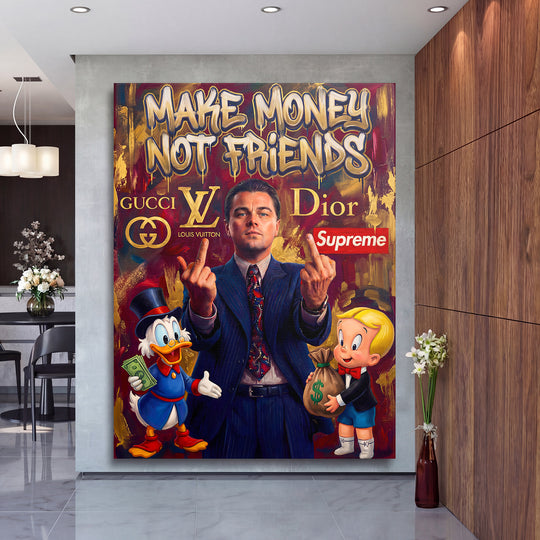 Motivační pop art obraz na zeď s graffiti „Make Money Not Friends“, Scrooge McDuck, Richie Rich a luxusními logy