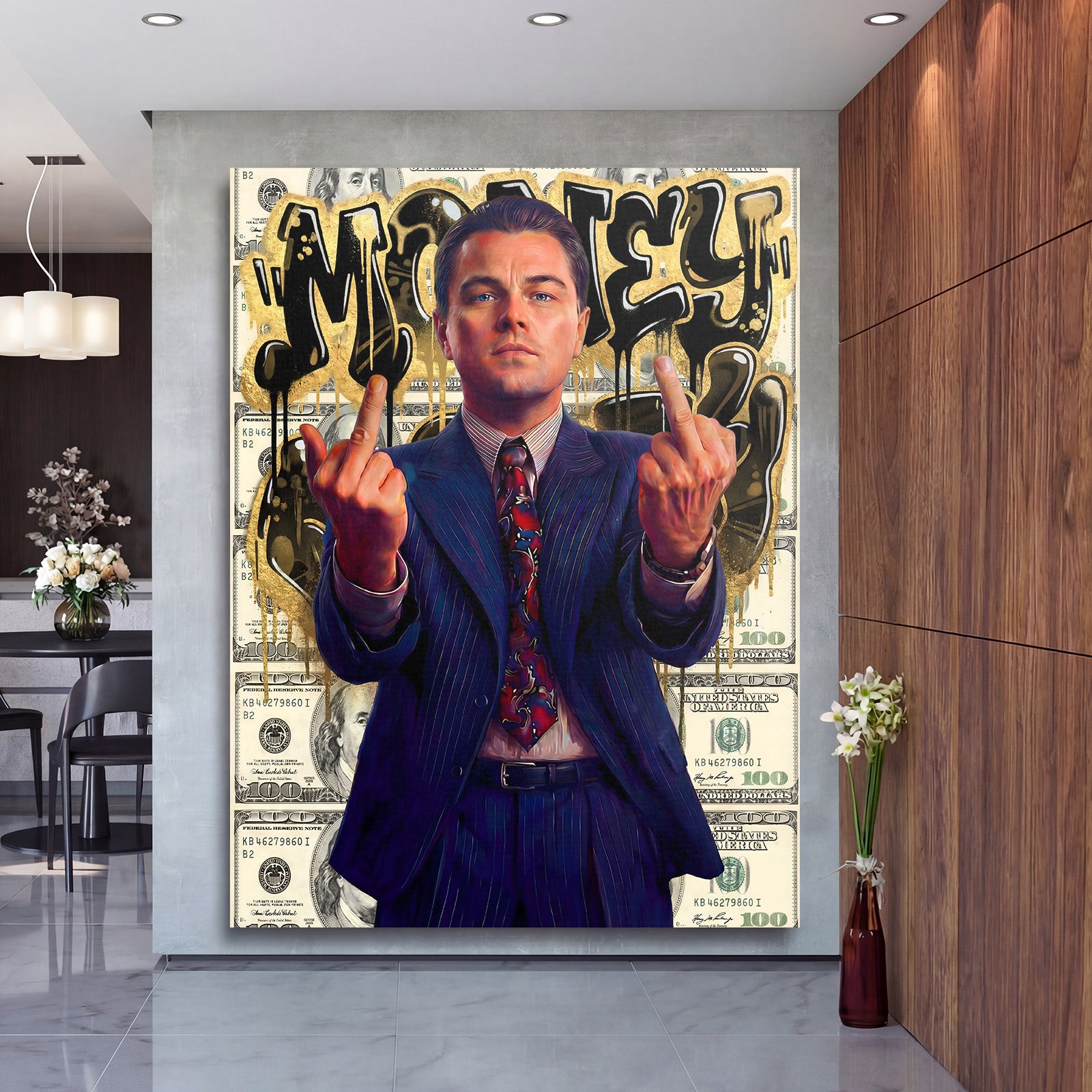 Pop art obraz na zeď s portrétem Leonarda DiCapria, graffiti nápisem MONEY a motivem dolarových bankovek