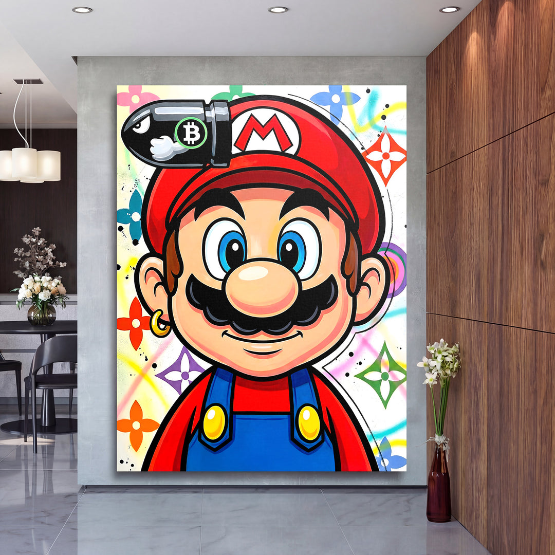 Moderní pop art obraz na plátně s tváří hrdiny a grafitovým bitcoinem v elegantním interiéru