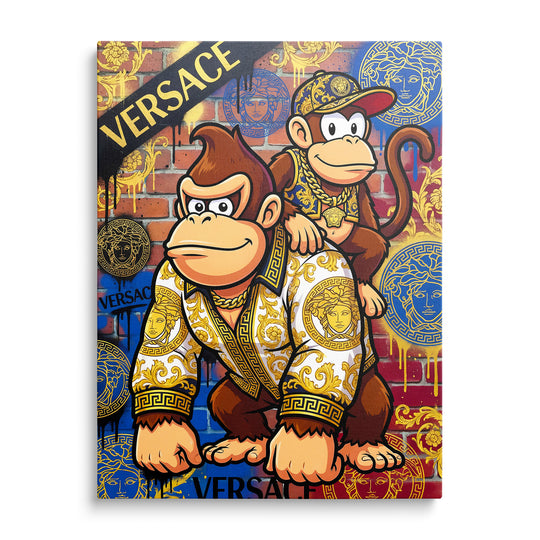 Pop art obraz na plátně s graffiti, dvě opice v barokních zlatých ornamentech, luxusní obraz zepředu