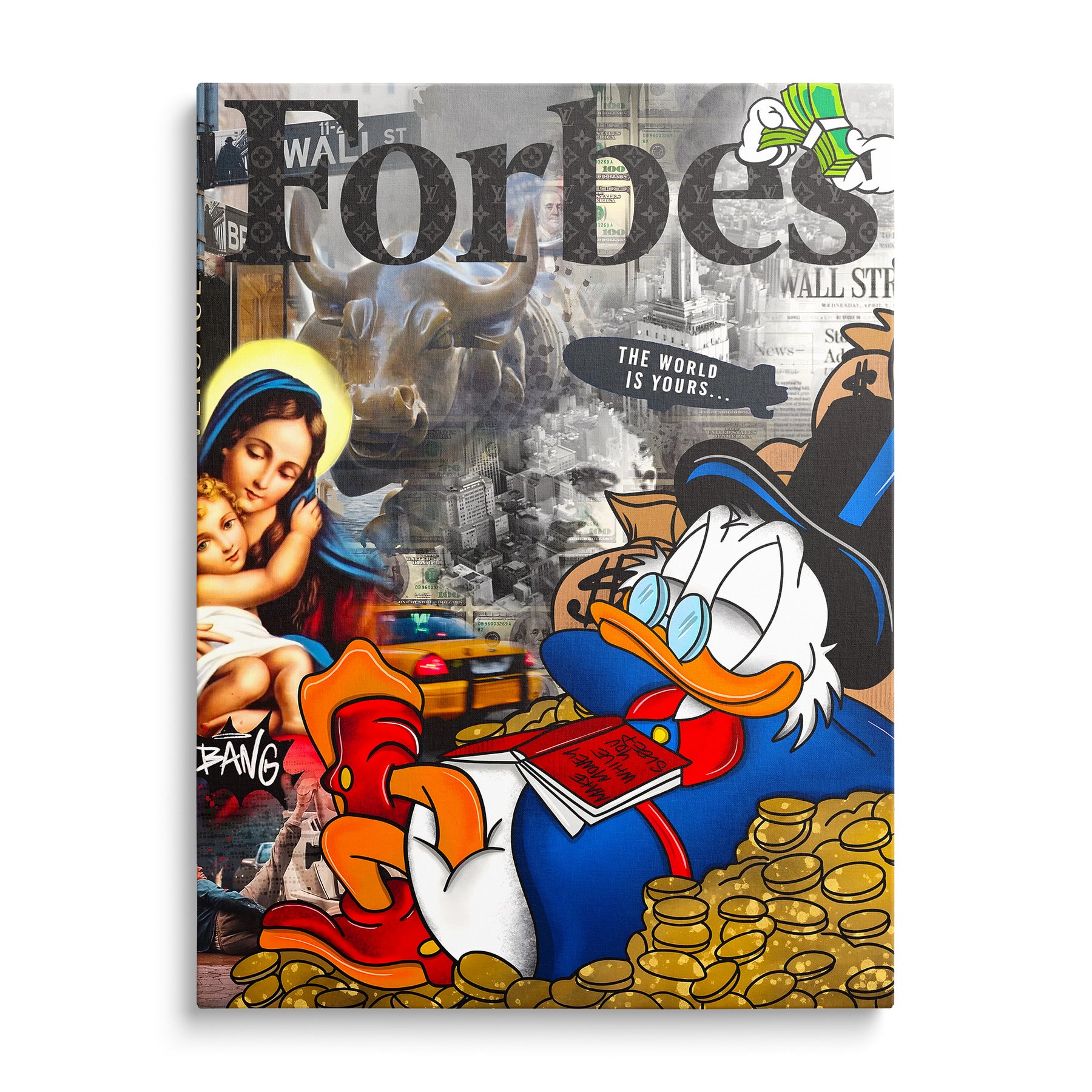 Motivační pop art obraz na plátně s Kačerem Skrblíkem na hromadě mincí, dolary, Wall Street a mrakodrapy