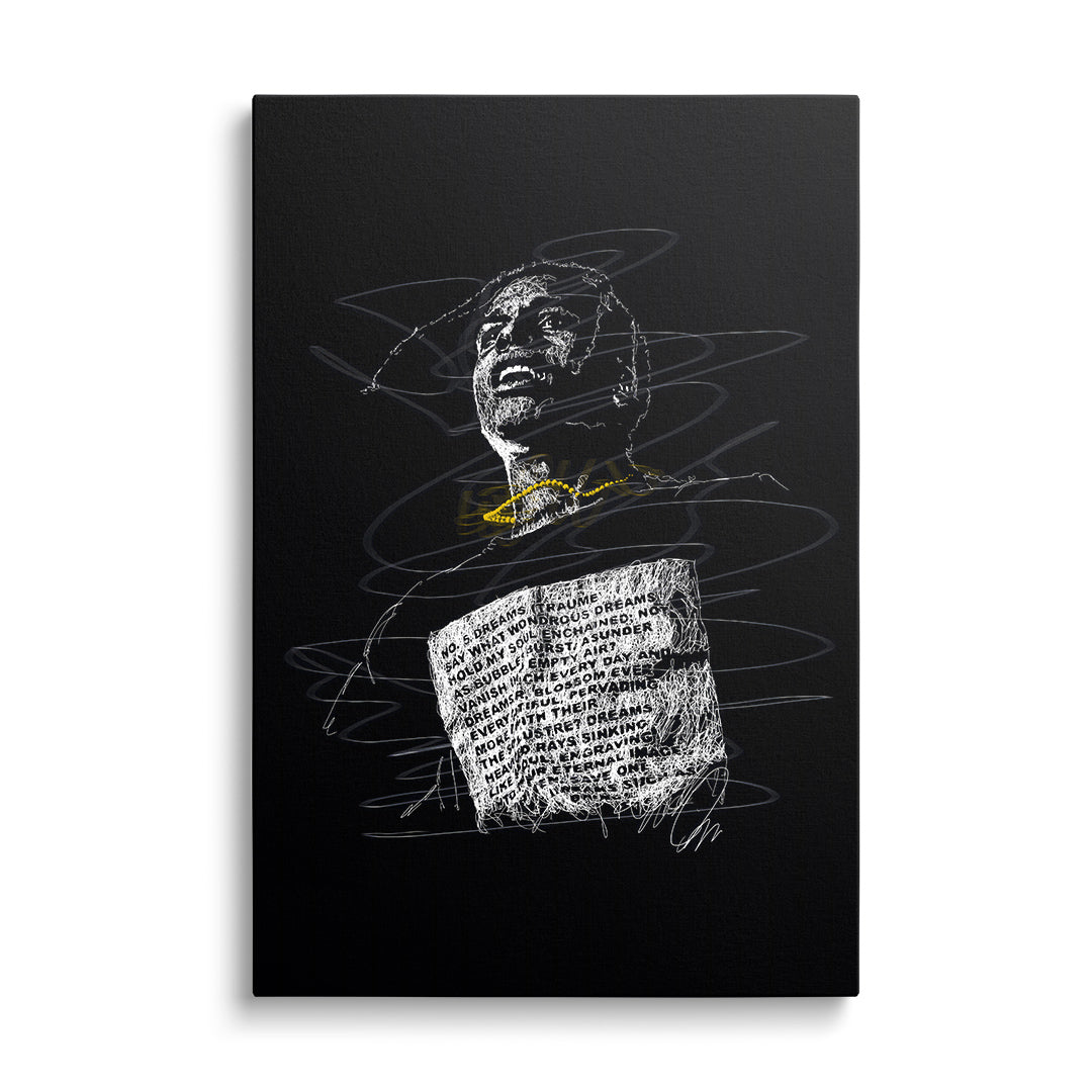 Pop art obraz rappera s minimalistickým portrétem, zlatým řetězem a motivačním citátem na černém pozadí