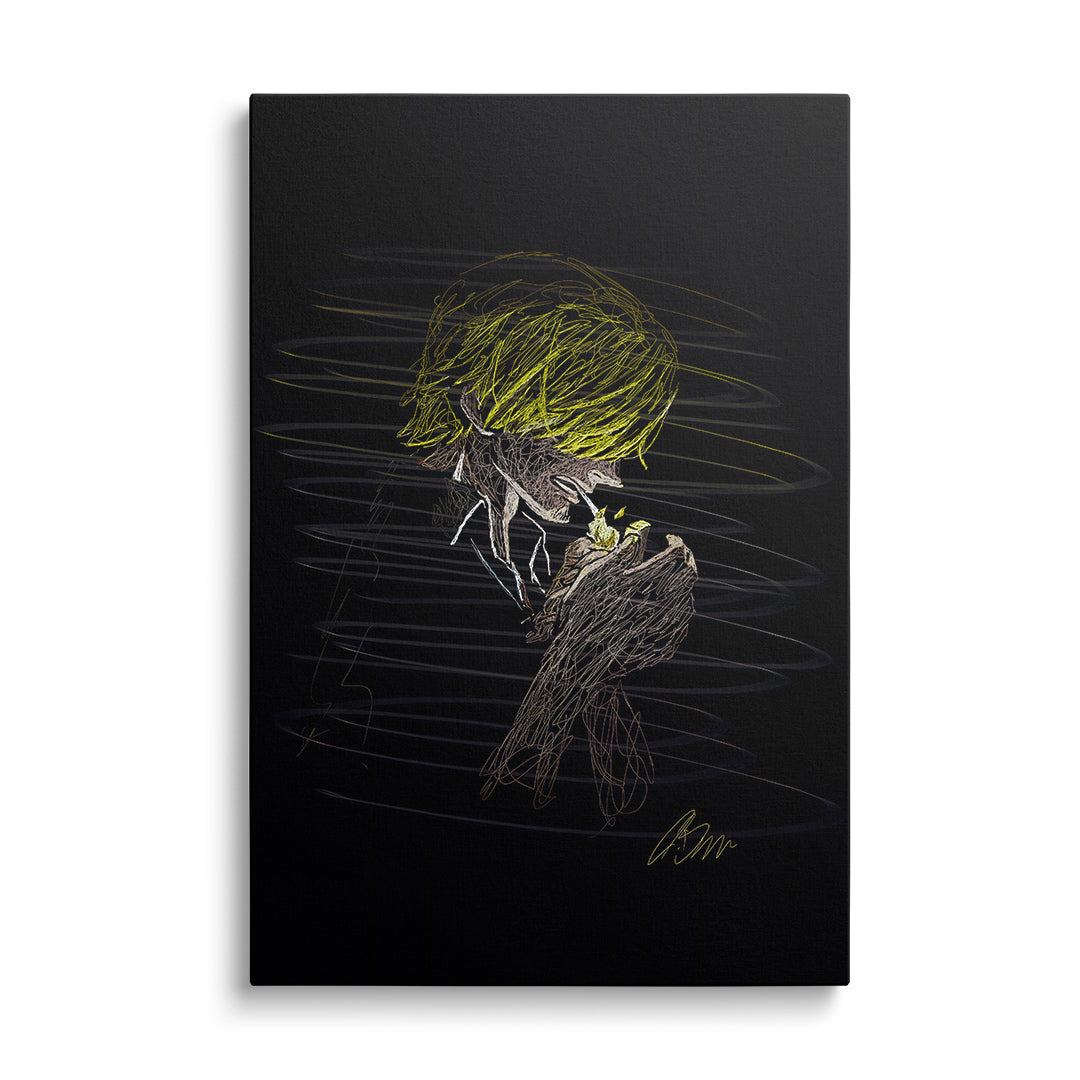 Moderní obraz na plátně, profil anime postavy zapalující cigaretu, minimalistický street art, černobílá silueta