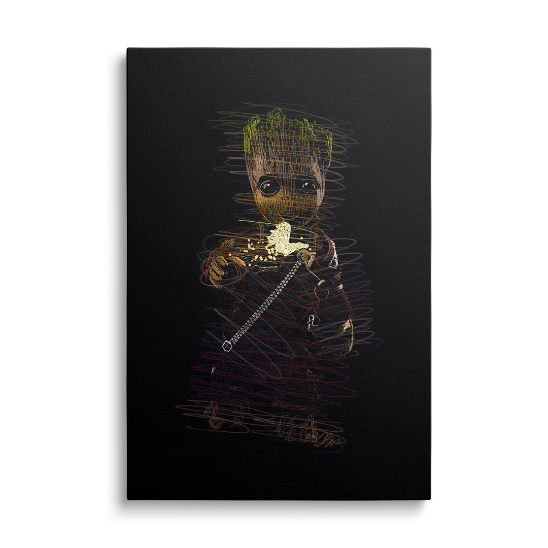 Moderní pop art obraz na plátně s dřevěnou postavou držící popcorn na černém pozadí