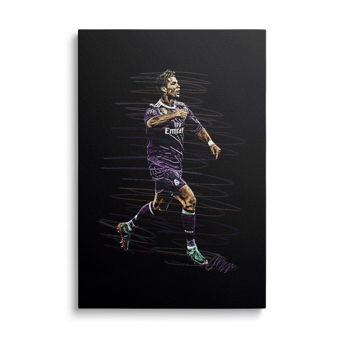 Moderní pop art obraz na plátně s dynamickým pohybem fotbalisty v minimalistickém sportovním stylu