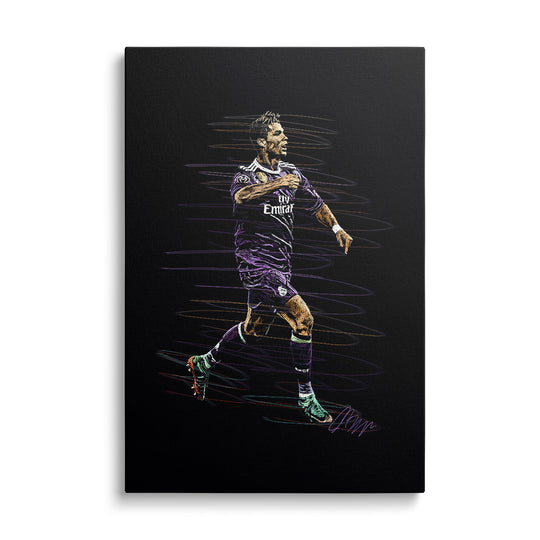 Moderní pop art obraz na plátně s dynamickým pohybem fotbalisty v minimalistickém sportovním stylu