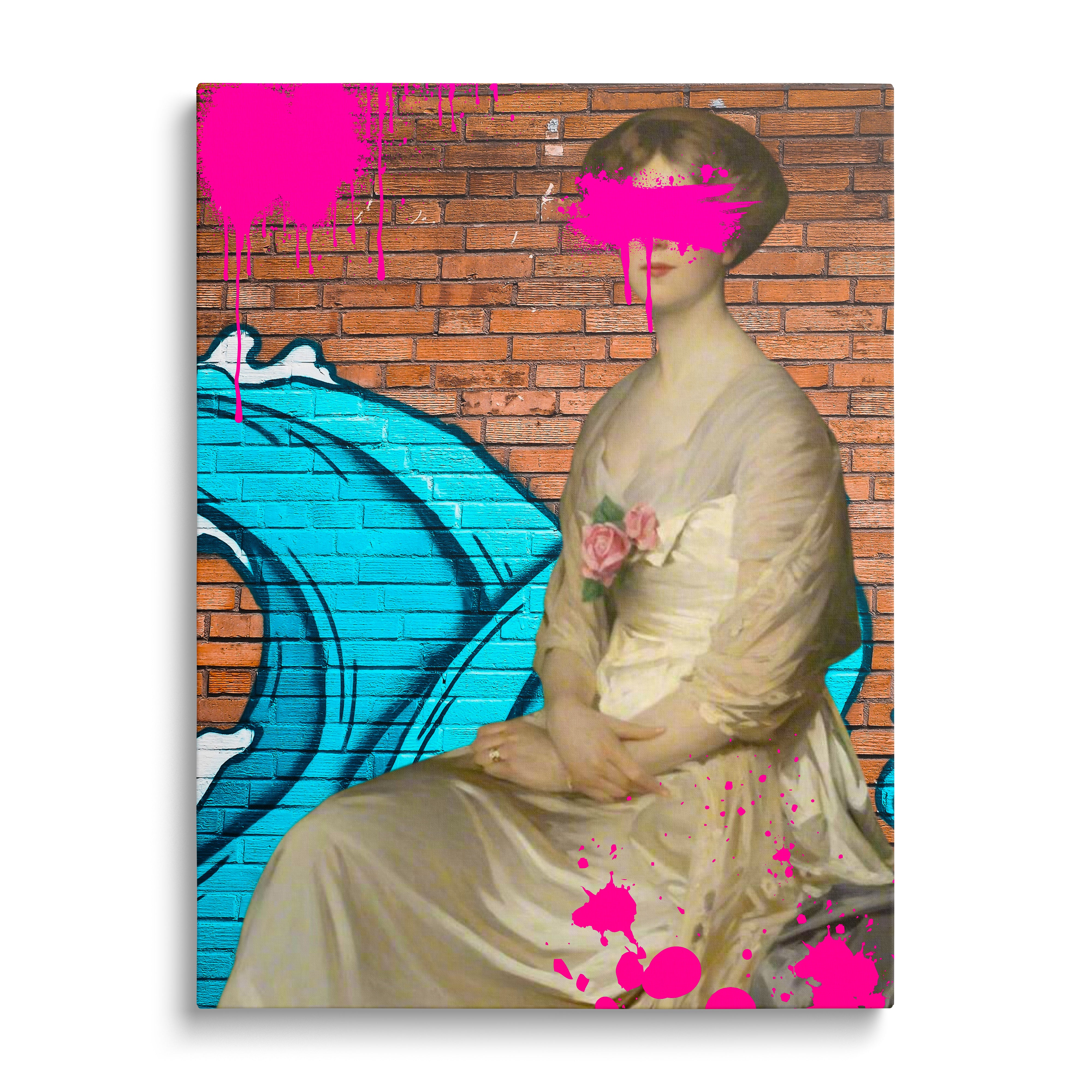 Moderní pop art obraz na plátně s portrétem dámy v róbě na neonovém graffiti street art pozadí