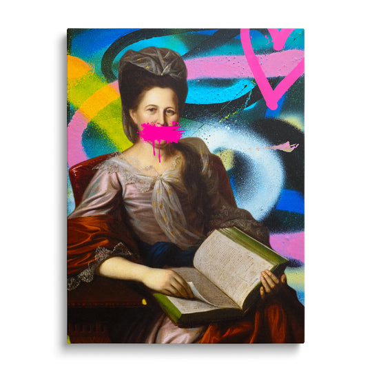 Pop art obraz na plátně, retro portrét ženy čtoucí knihu s růžovou graffiti skvrnou přes ústa
