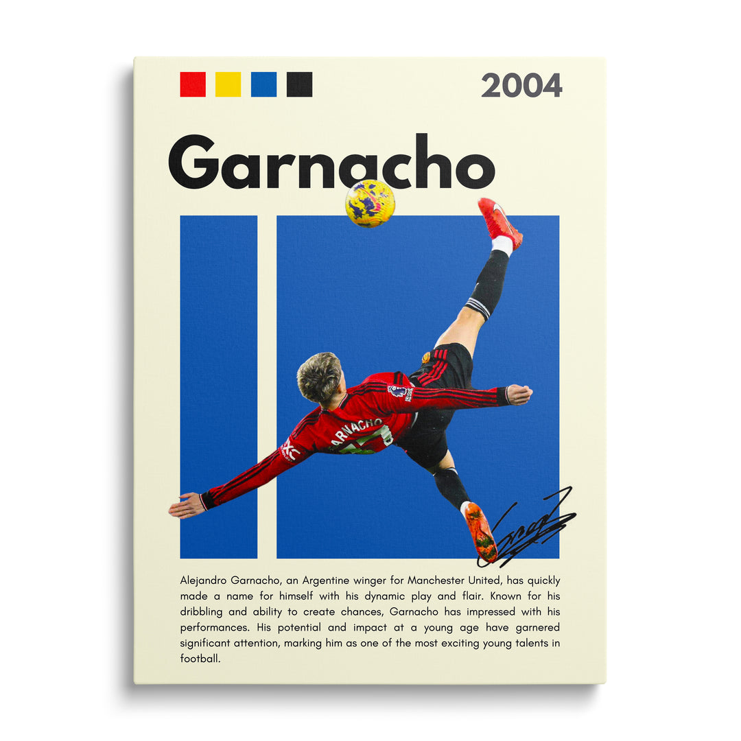 Moderní obraz na plátně s fotbalistou v červeném dresu při akrobatickém overhead kopu na barevném pozadí