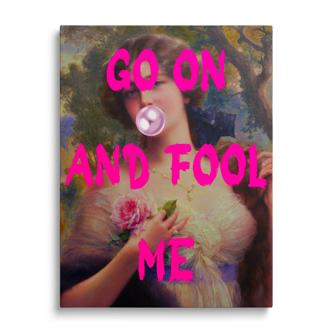 Pop art obraz na plátně s portrétem ženy, růží, růžovou žvýkačkou a nápisem zepředu