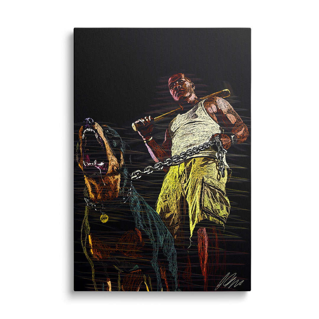 Pop art obraz na zeď s mužem držícím palici a agresivním psem na řetězu, frontální pohled