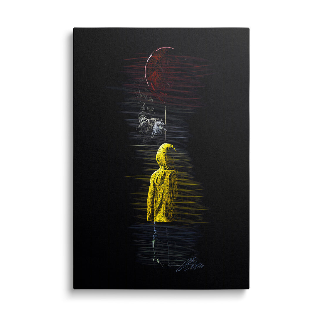 Moderní obraz na plátně s postavou v žlutém plášti a červeným balónkem v temném hororovém stylu