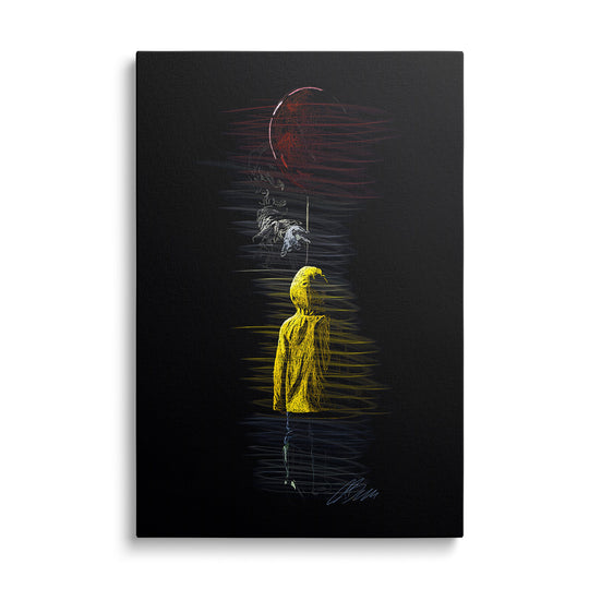 Moderní obraz na plátně s postavou v žlutém plášti a červeným balónkem v temném hororovém stylu