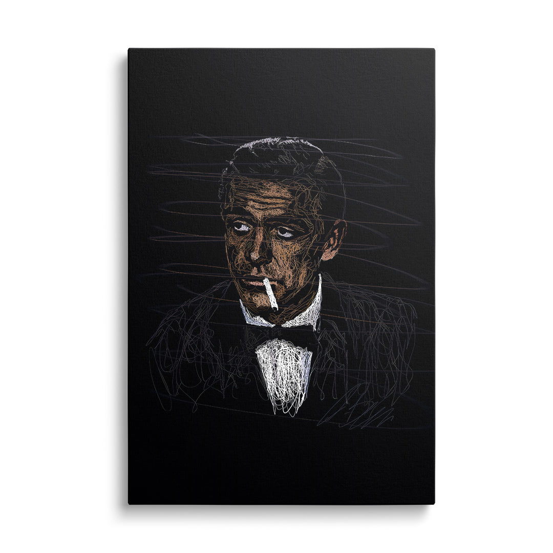 Luxusní obraz na plátně: portrét muže v smokingu s cigaretou na černém pozadí, elegantní frontální záběr