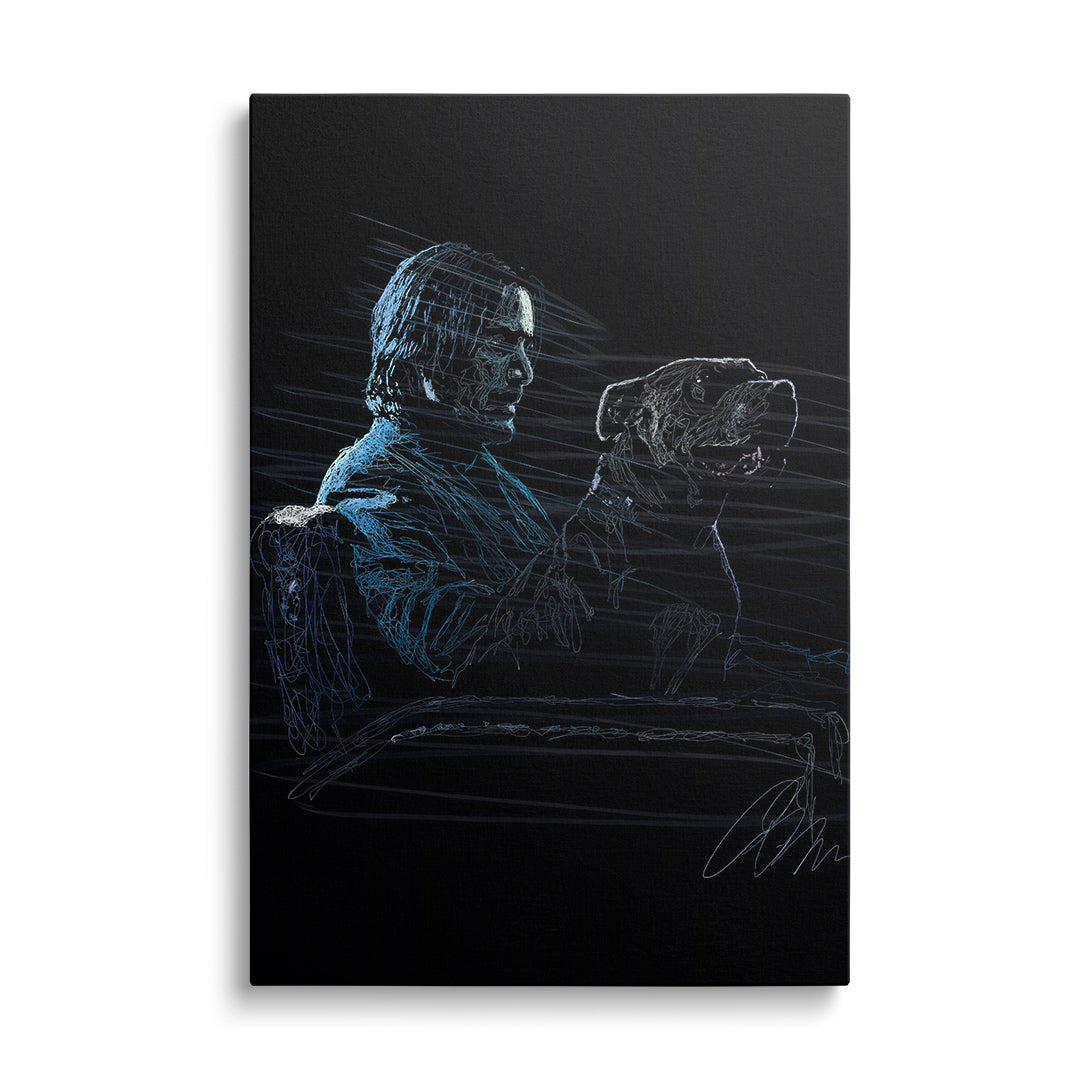 Moderní obraz na plátně s neonovým obrysem muže a psa v minimalistickém street art stylu