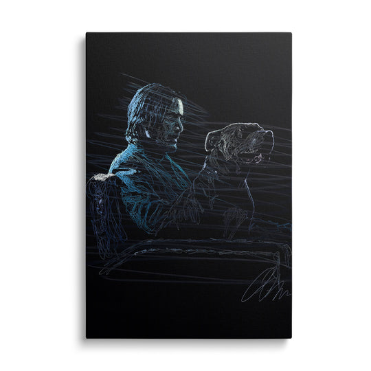Moderní obraz na plátně s neonovým obrysem muže a psa v minimalistickém street art stylu