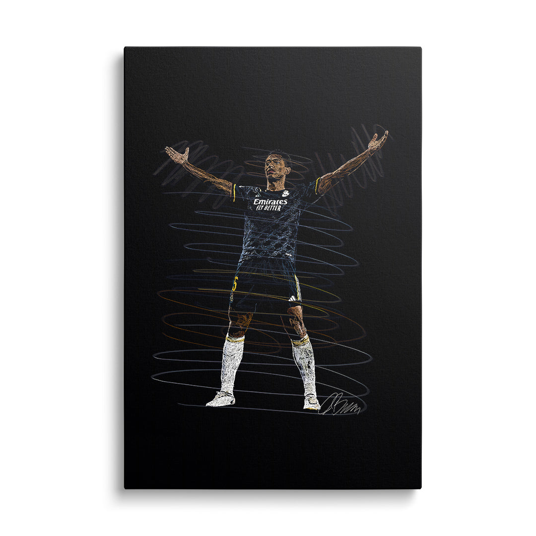 Pop art obraz fotbalisty s vítězným gestem na černém pozadí, motivační obraz na plátně