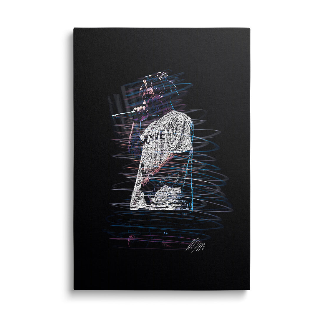 Pop art obraz na plátně s neonovým line-art portrétem rappera s mikrofonem, moderní obraz frontálního pohledu