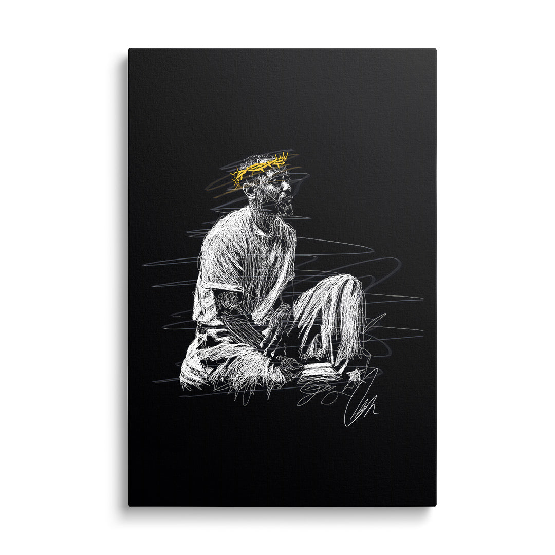 Moderní obraz na plátně, abstraktní street art portrét sedící postavy se žlutou trnovou korunou, čelní pohled