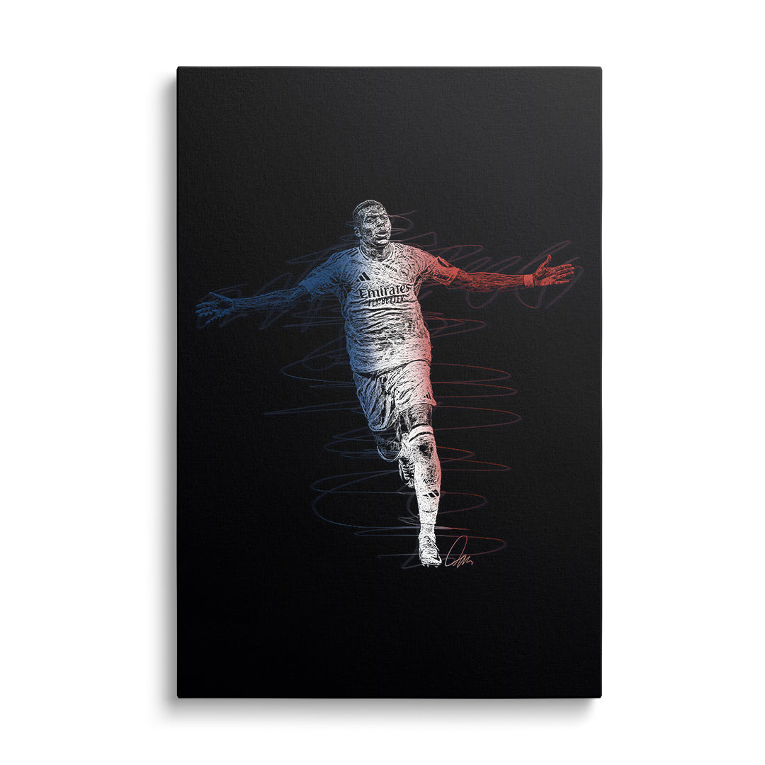 Moderní obraz na plátně s frontální siluetou běžícího fotbalisty a červenomodrými dynamickými liniemi
