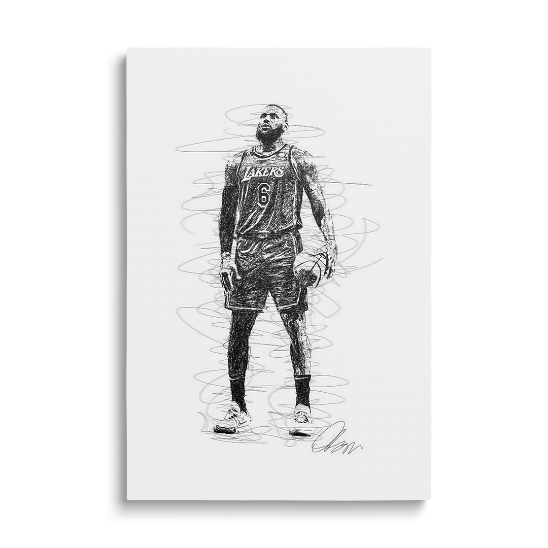 Moderní obraz na plátně s černobílou skicou basketbalisty Lakers s míčem v akční frontální póze