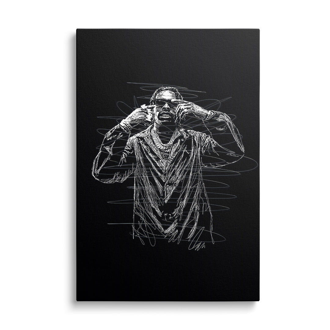 Pop art obraz na plátně, černobílá skica rappera v brýlích a řetězech zepředu