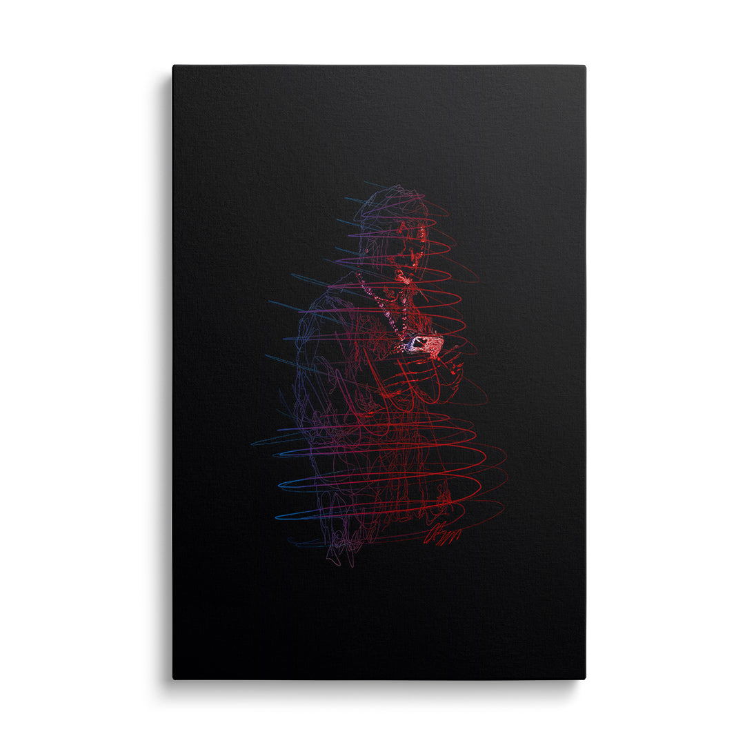 Moderní obraz na plátně s neonovou line art kresbou rappera s telefonem v červeno‑modrém pop art stylu