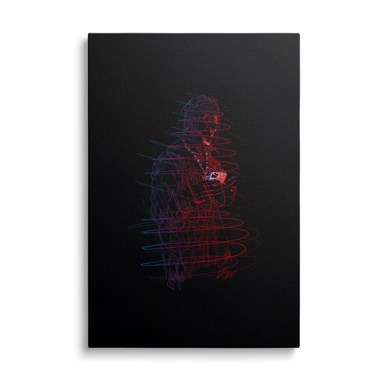 Moderní obraz na plátně s neonovou line art kresbou rappera s telefonem v červeno‑modrém pop art stylu
