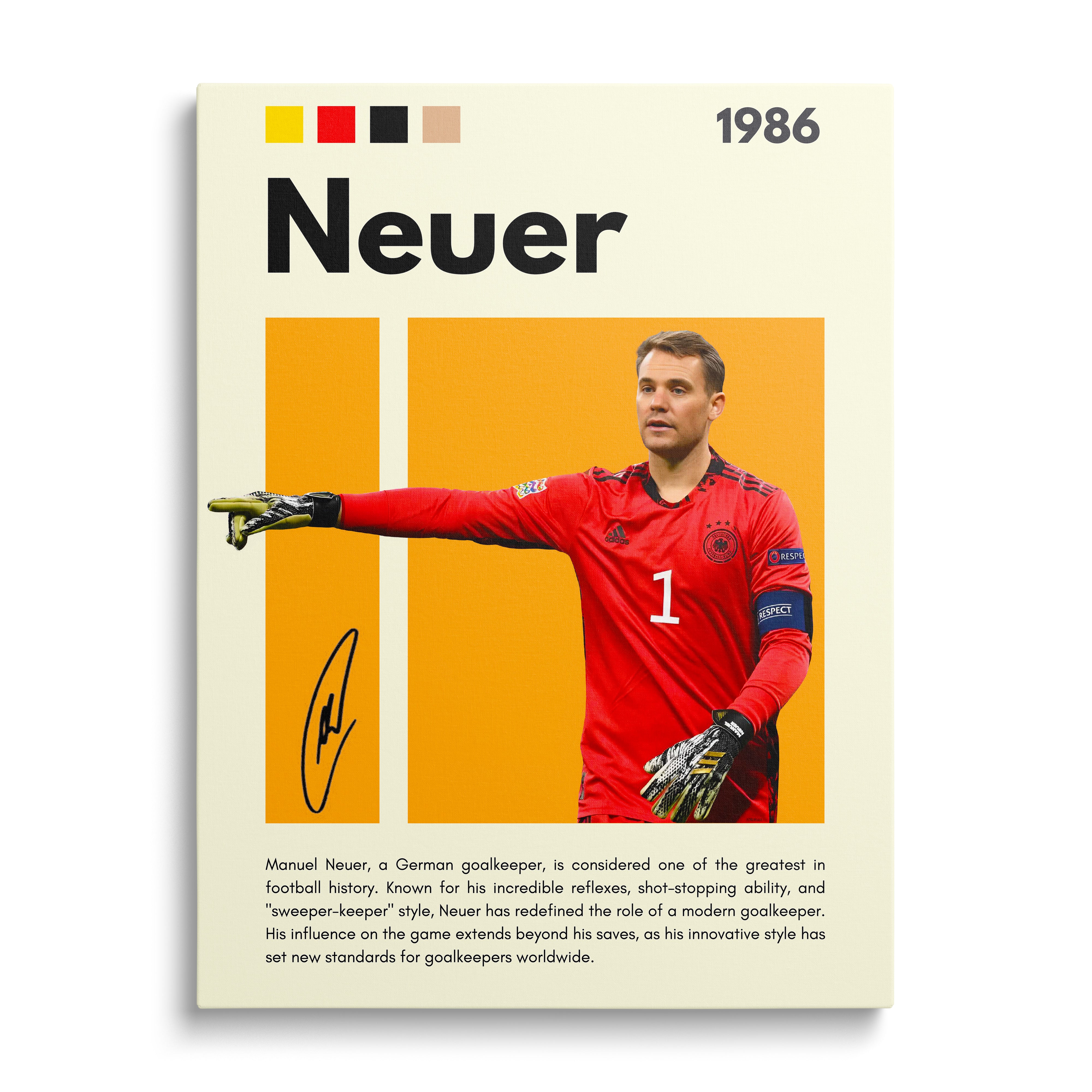 Motivační obraz na zeď s minimalistickým portrétem fotbalového brankáře v červeném dresu, frontální pohled