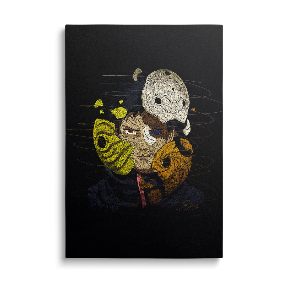 Moderní obraz na plátně s výraznou anime maskou v kolorované manga grafice, čelní pohled