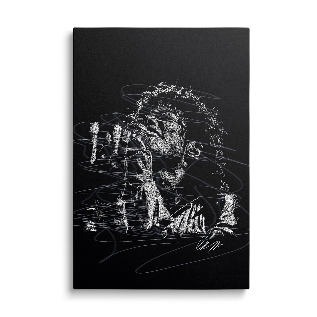 Pop art obraz Michael Jacksona, černobílá line art skica na černém plátně, minimalistický portrét front view