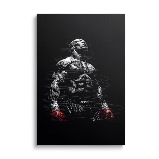 Motivační obraz na plátně s minimalistickým line art boxerem v červených rukavicích zepředu, symbol síly a odhodlání