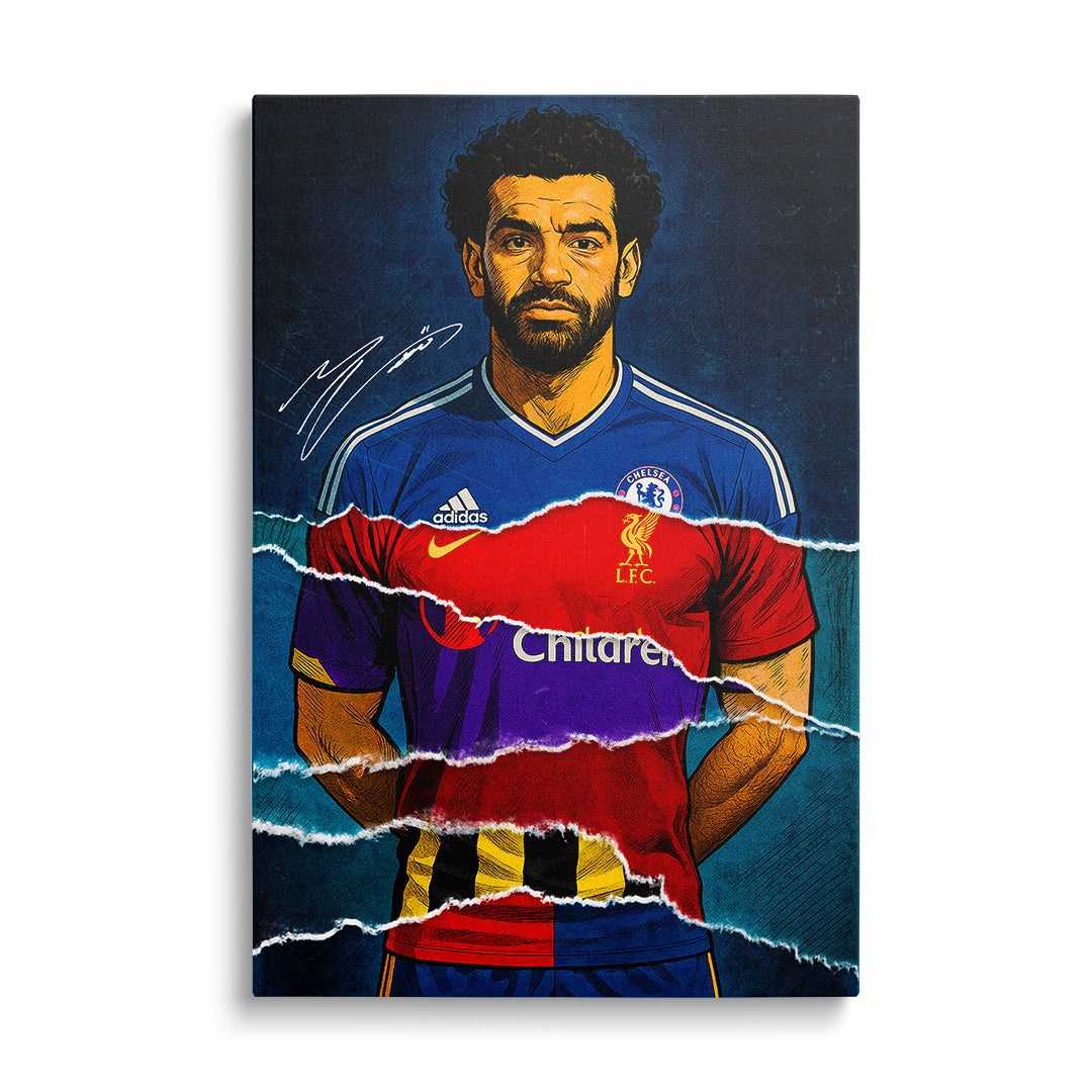 Moderní pop art obraz na plátně s portrétem fotbalové ikony v trhaném street art grafitti stylu zepředu