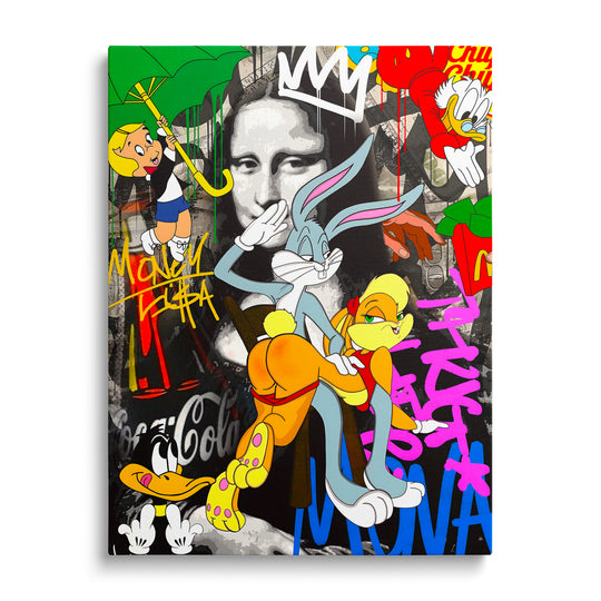 Pop art obraz na plátně Mona Lisa a Bugs Bunny s graffiti dolary, street art motiv, moderní obraz na zeď