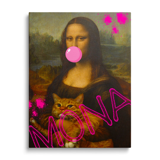Pop art obraz Mona Lisy s růžovou bublinou žvýkačky a kočkou v náručí, moderní obraz na zeď