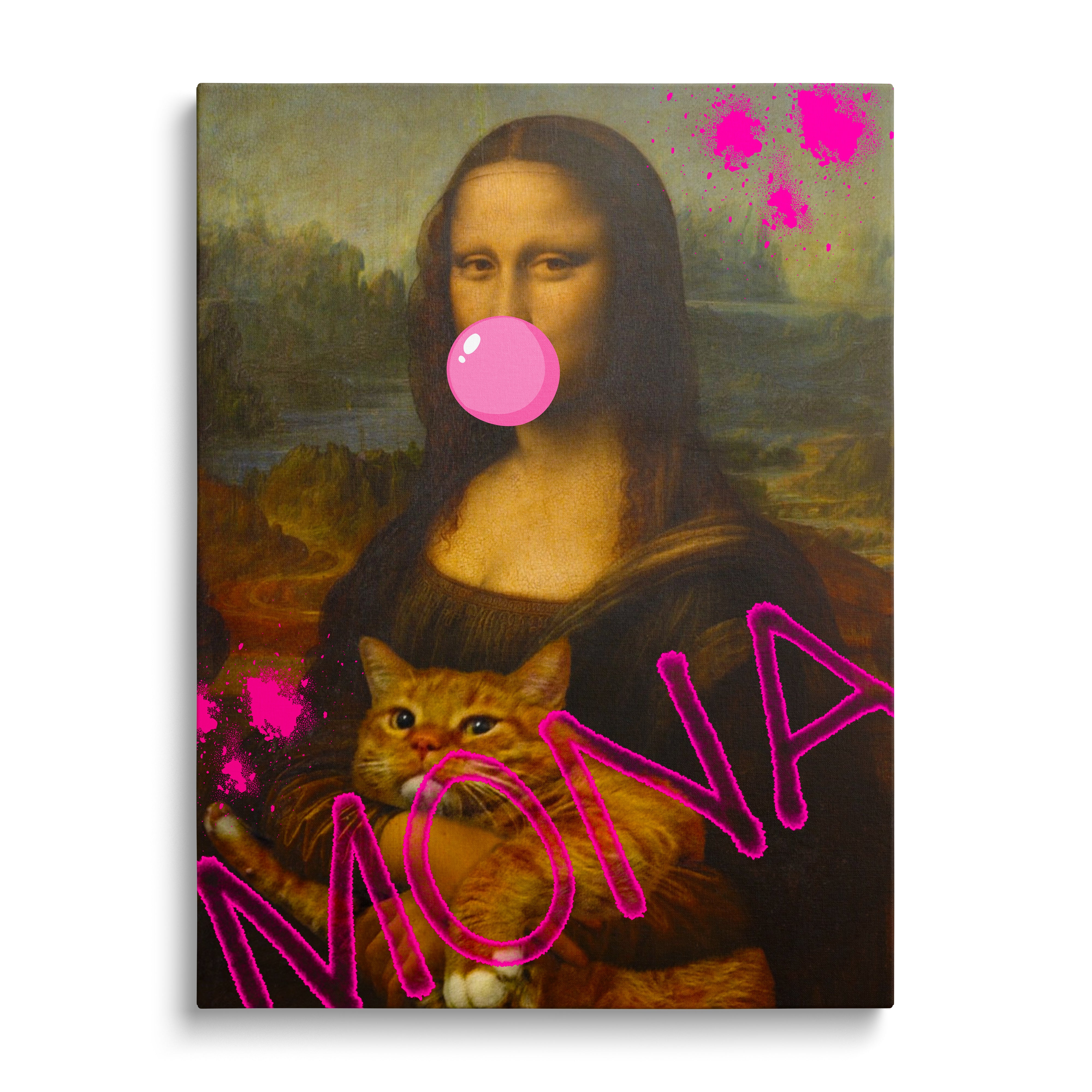 Pop art obraz Mona Lisy s růžovou bublinou žvýkačky a kočkou v náručí, moderní obraz na zeď