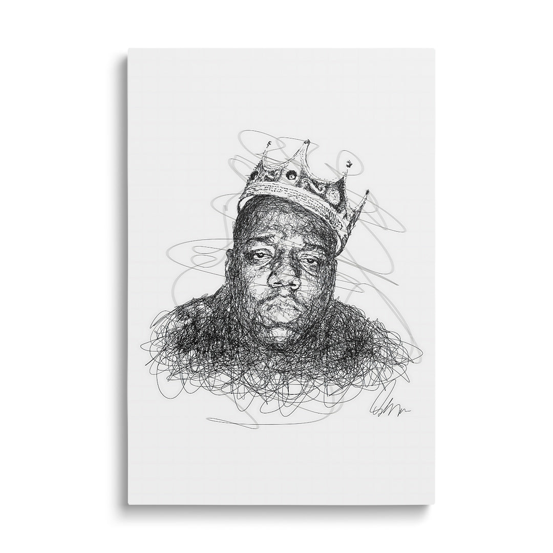 Moderní pop art obraz na zeď s černobílým portrétem rappera s korunou a výraznou street art energií zepředu