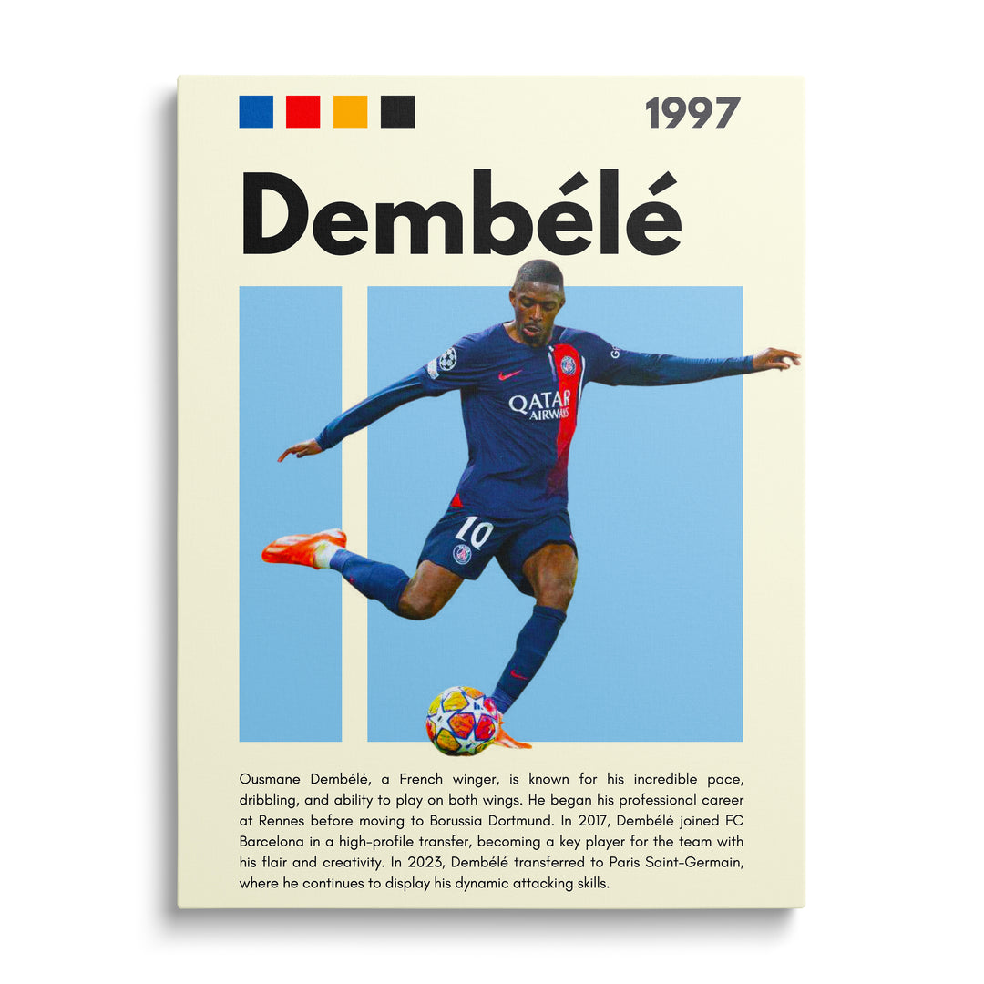 Moderní pop art obraz na zeď s fotbalistou PSG při dynamické střele míče na barevném blokovém pozadí