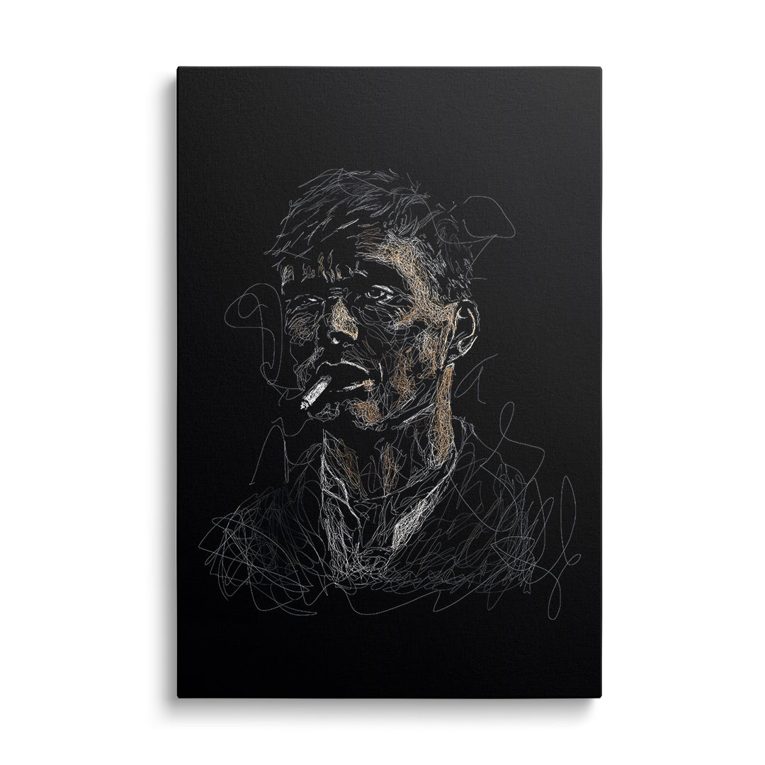 Moderní obraz na plátně – grafický portrét muže s cigaretou a kouřem na černém pozadí, pop art styl