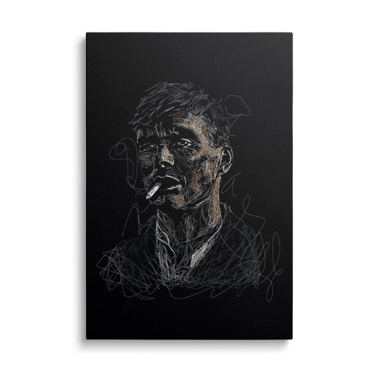 Moderní obraz na plátně – grafický portrét muže s cigaretou a kouřem na černém pozadí, pop art styl