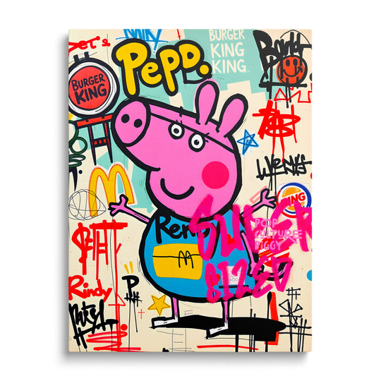 Pop art obraz na plátně s růžovým prasátkem a graffiti logy fastfood značek, street art styl, frontální pohled