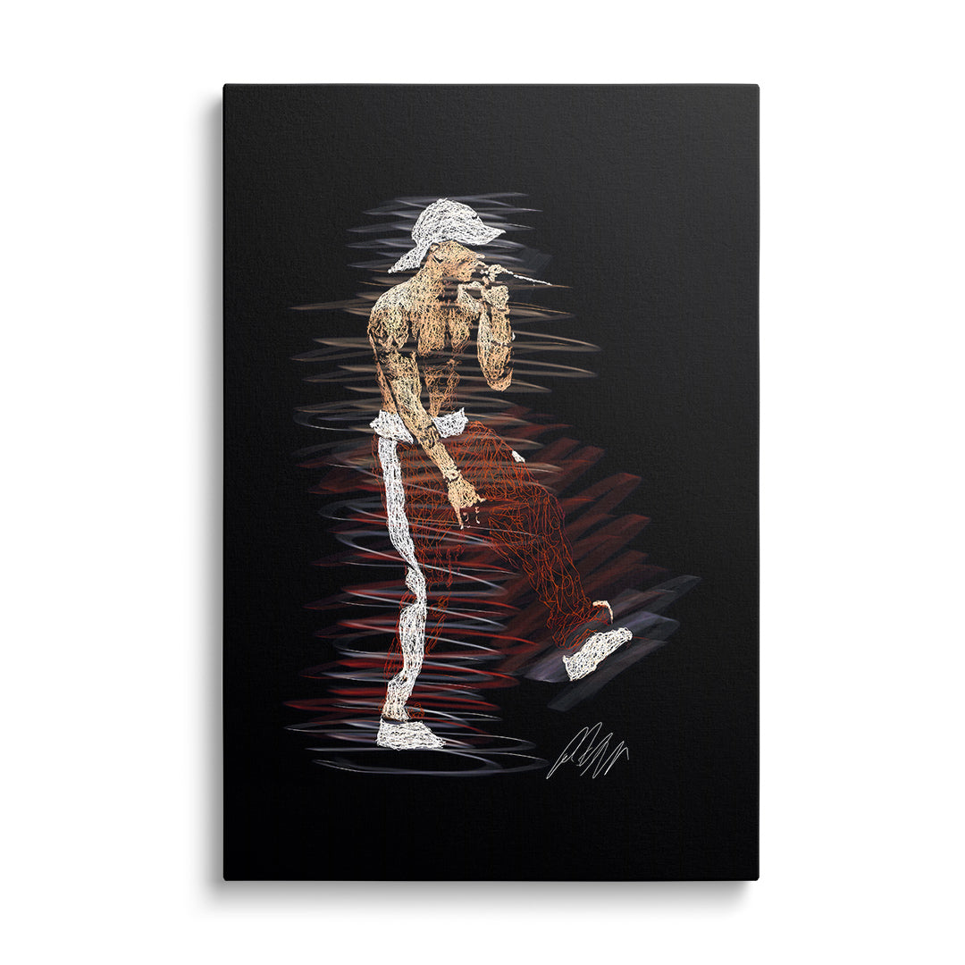 Pop art obraz rapera s mikrofonem v street art stylu, moderní obraz na černém plátně, frontální pohled