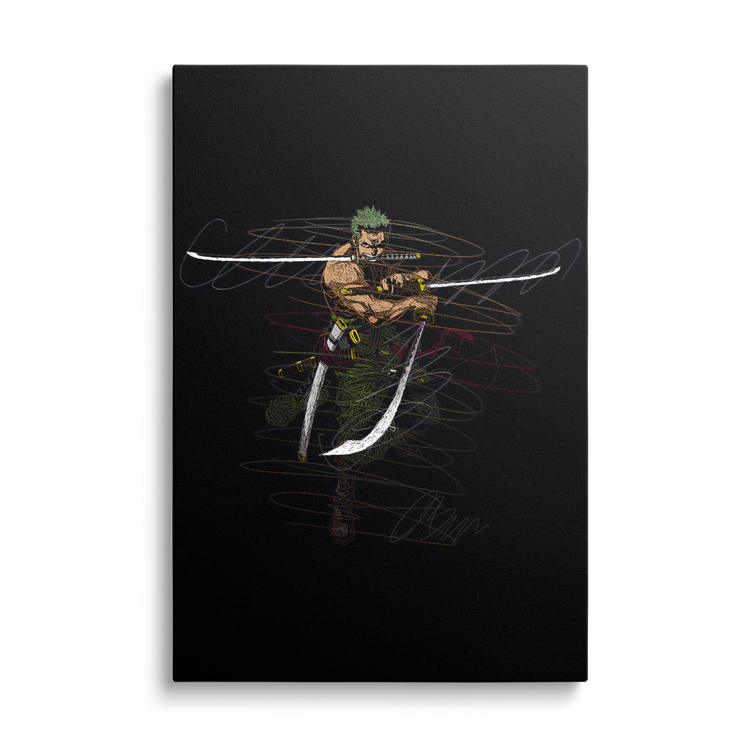 Moderní obraz na plátně, manga bojovník se třemi meči zepředu, akční ilustrace na zeď