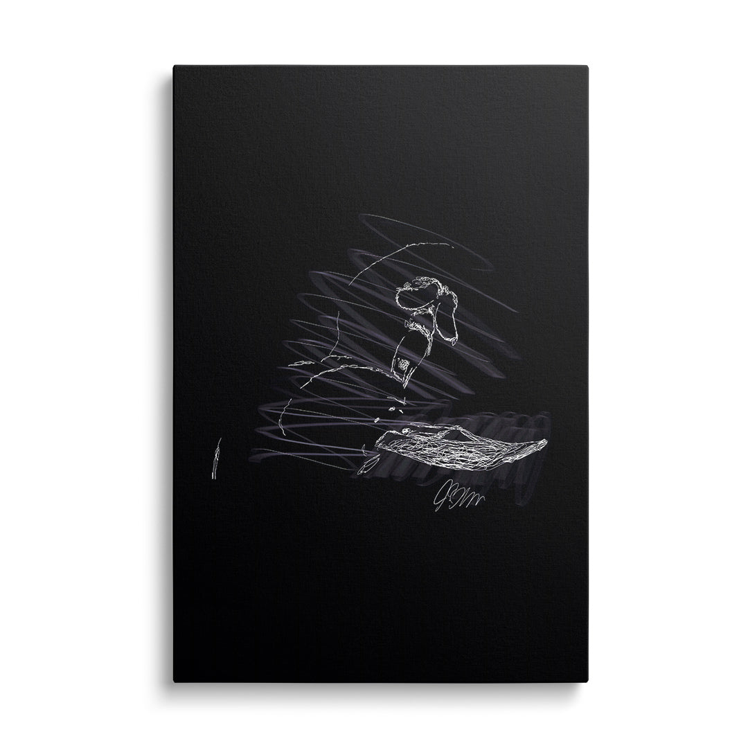 Moderní obraz na plátně s bílou skicou vojáka v plynové masce ve street art stylu na černém pozadí